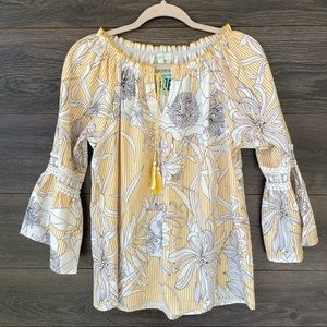 NWT JADE | Boho Yellow Stripe Floral Peasant Top